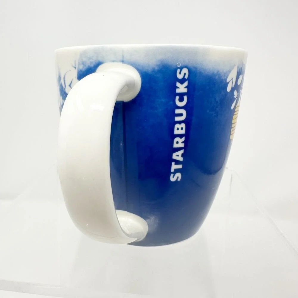 VERY RARE Starbucks Japanese Mug with Lanterns and Floral Motif Blue Yellow Gold